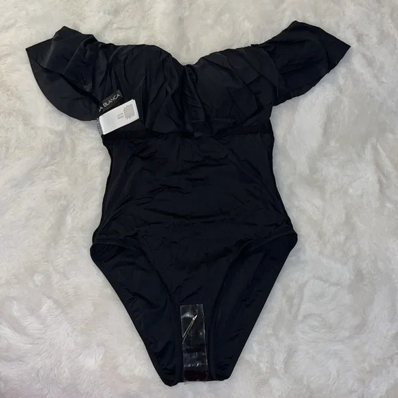 NWT La Blanca Island Goddess Black Off the Shoulder One Piece Swimsuit Size 8 - Picture 8 of 16